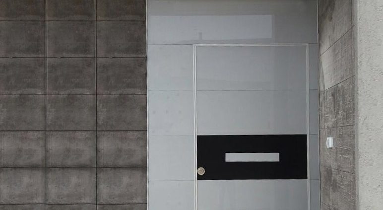 דלת קו אפס בחיפוי זכוכית אפורה ופס שחור במרכז הדלת